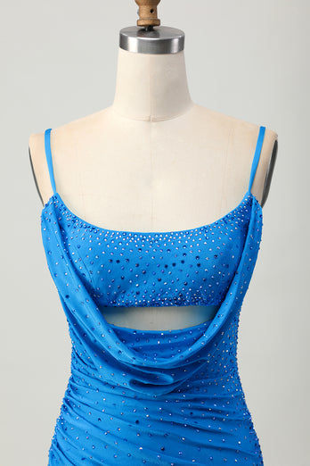 Blå Bodycon Cut Out Kort Homecoming Klänning med Beading