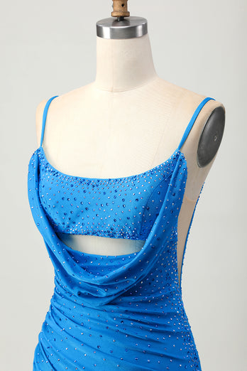 Blå Bodycon Cut Out Kort Homecoming Klänning med Beading
