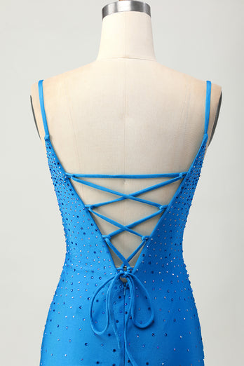 Blå Bodycon Cut Out Kort Homecoming Klänning med Beading