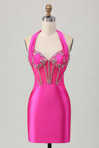 Fuchsia Bodycon Halter Backless Satin Kort Balklänning med Strass