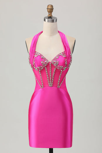 Fuchsia Bodycon Halter Backless Satin Kort Balklänning med Strass