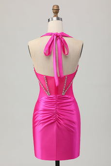 Fuchsia Bodycon Halter Backless Satin Kort Balklänning med Strass