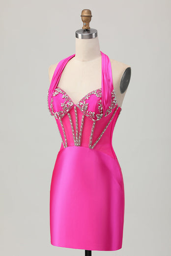 Royal Blue Bodycon Halter Backless Satin Kort Balklänning med Strass