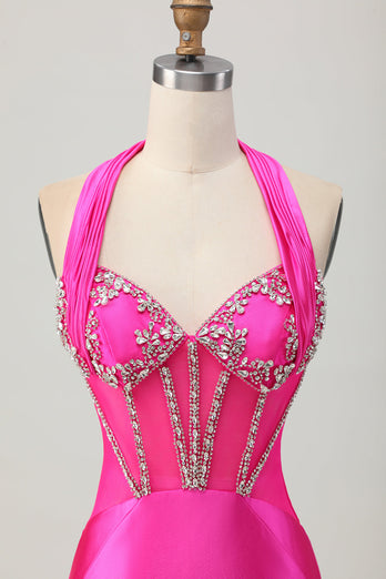 Royal Blue Bodycon Halter Backless Satin Kort Balklänning med Strass