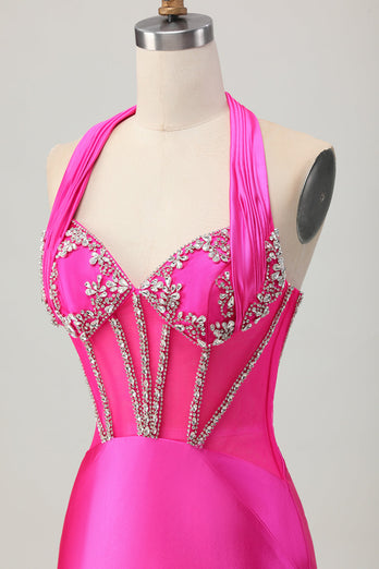 Fuchsia Bodycon Halter Backless Satin Kort Balklänning med Strass