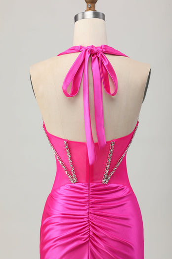 Royal Blue Bodycon Halter Backless Satin Kort Balklänning med Strass