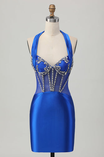 Royal Blue Bodycon Halter Backless Satin Kort Balklänning med Strass