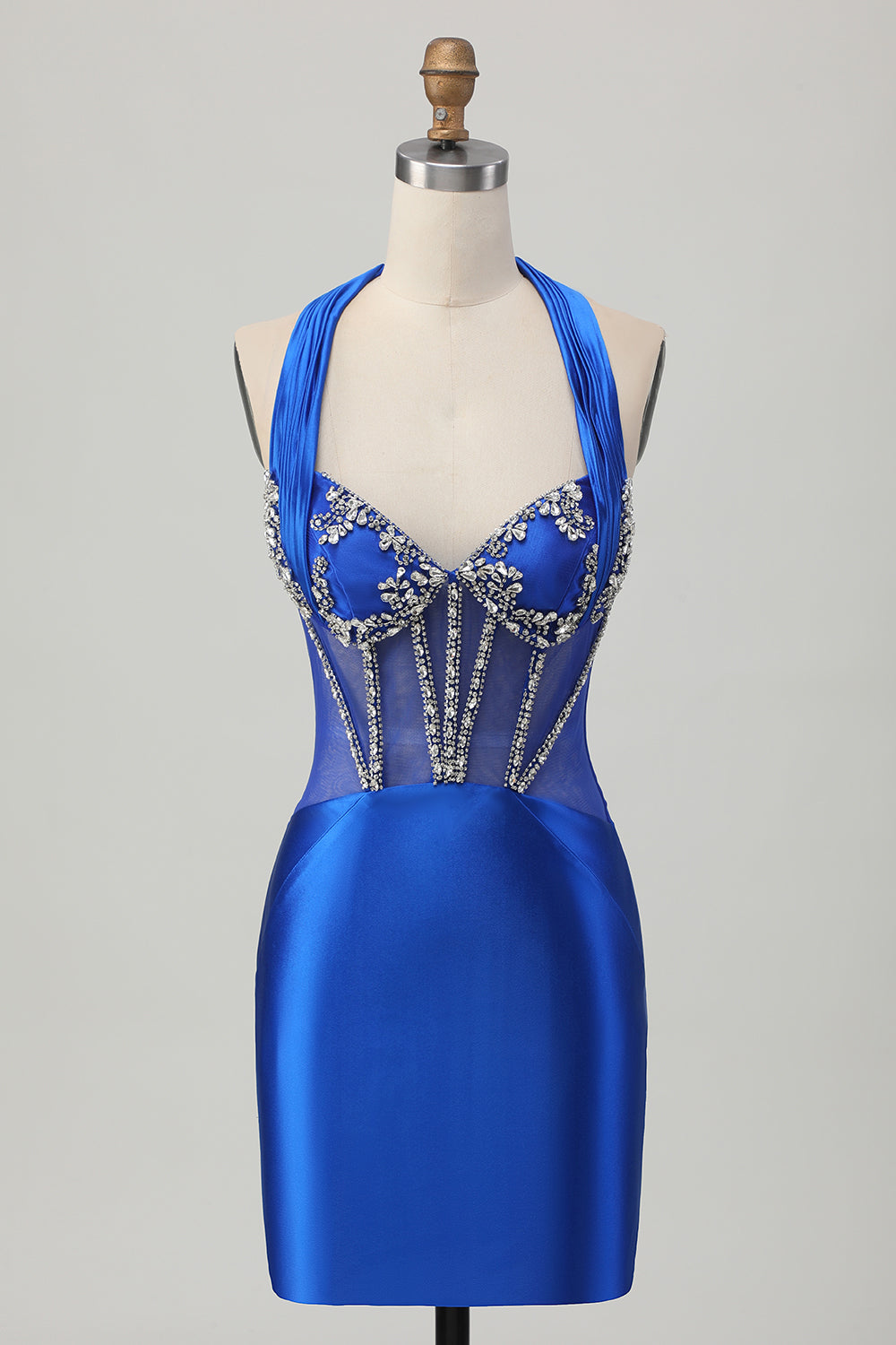 Royal Blue Bodycon Halter Backless Satin Kort Balklänning med Strass