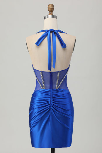 Fuchsia Bodycon Halter Backless Satin Kort Balklänning med Strass