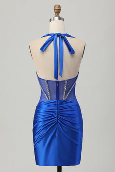 Royal Blue Bodycon Halter Backless Satin Kort Balklänning med Strass