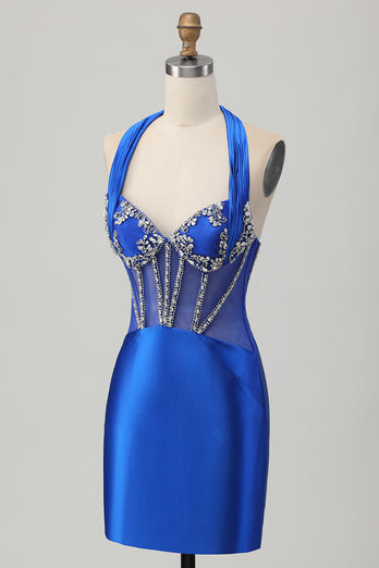 Royal Blue Bodycon Halter Backless Satin Kort Balklänning med Strass