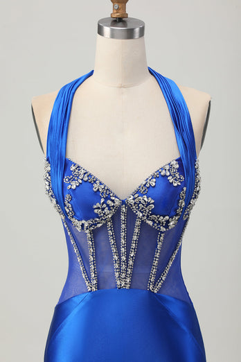 Royal Blue Bodycon Halter Backless Satin Kort Balklänning med Strass