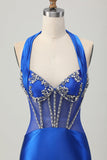 Fuchsia Bodycon Halter Backless Satin Kort Balklänning med Strass