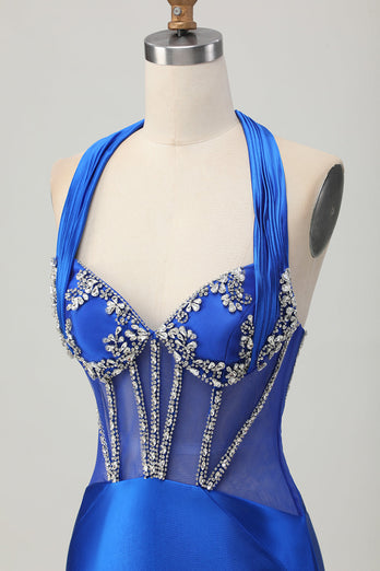 Royal Blue Bodycon Halter Backless Satin Kort Balklänning med Strass