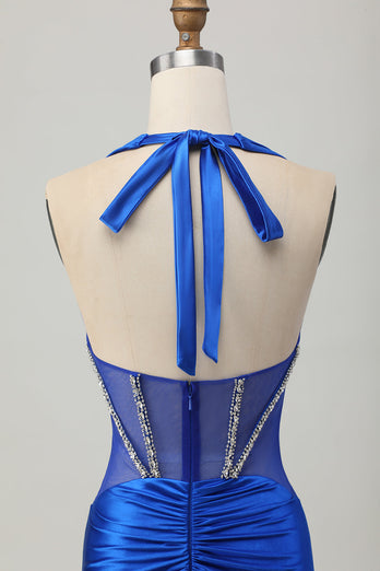 Fuchsia Bodycon Halter Backless Satin Kort Balklänning med Strass