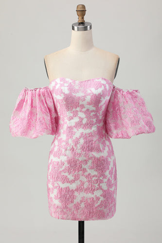 Rosa Blommig Off The Shoulder Kort Balklänning med Avtagbara Ärmar