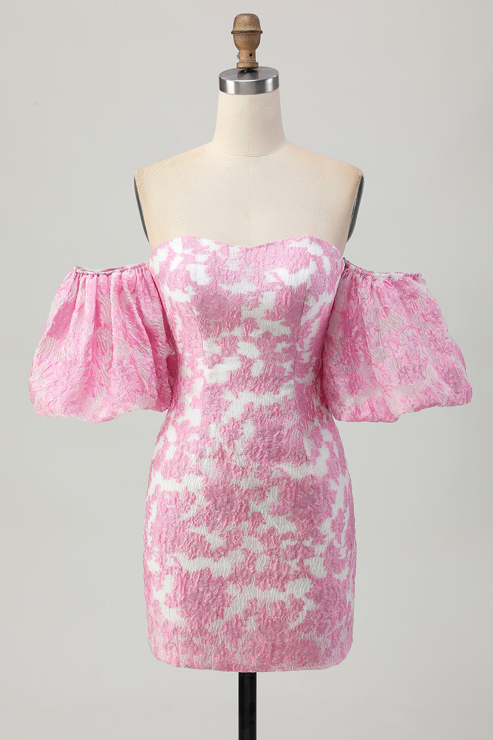 Rosa Blommig Off The Shoulder Kort Balklänning med Avtagbara Ärmar