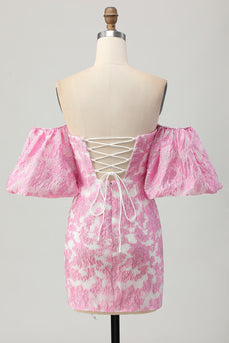 Rosa Blommig Off The Shoulder Kort Balklänning med Avtagbara Ärmar