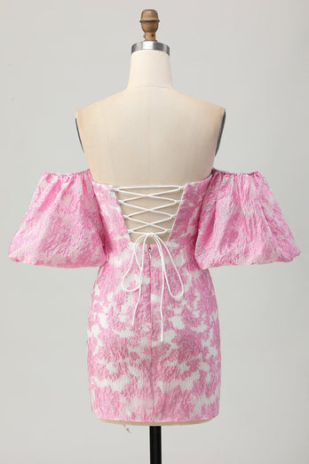 Rosa Blommig Off The Shoulder Kort Balklänning med Avtagbara Ärmar
