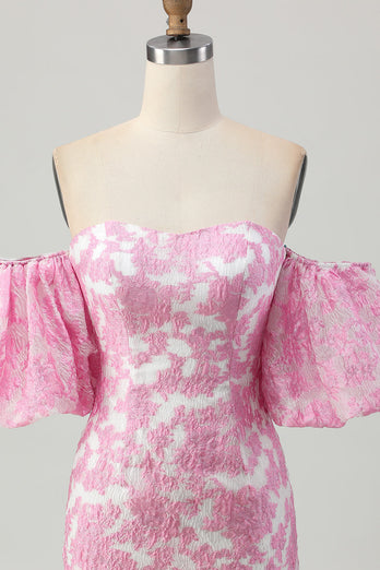 Rosa Blommig Off The Shoulder Kort Balklänning med Avtagbara Ärmar