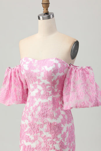 Rosa Blommig Off The Shoulder Kort Balklänning med Avtagbara Ärmar