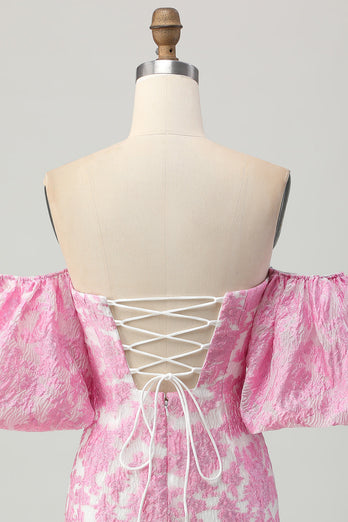 Rosa Blommig Off The Shoulder Kort Balklänning med Avtagbara Ärmar