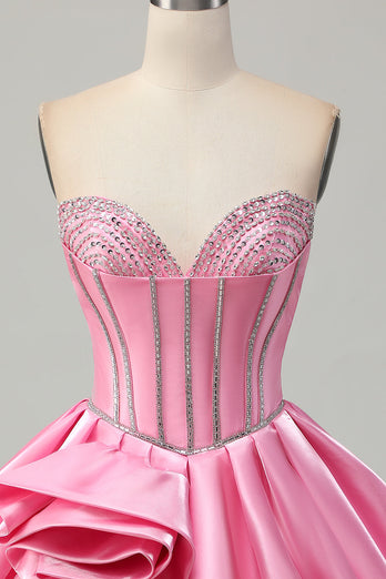 Rosa Bodycon Älskling Satin Korsett Homecoming Klänning med Strass