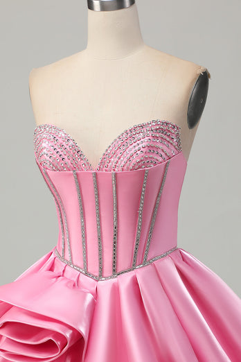Rosa Bodycon Älskling Satin Korsett Homecoming Klänning med Strass