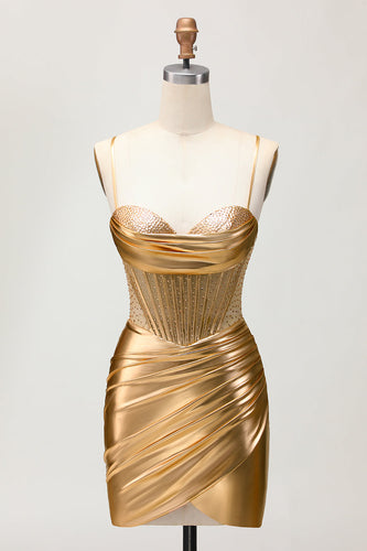 Metallic Satin Ruched Golden Bodycon Korsett Homecoming Klänning med Beading