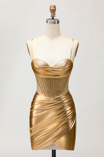 Metallic Satin Ruched Golden Bodycon Korsett Homecoming Klänning med Beading