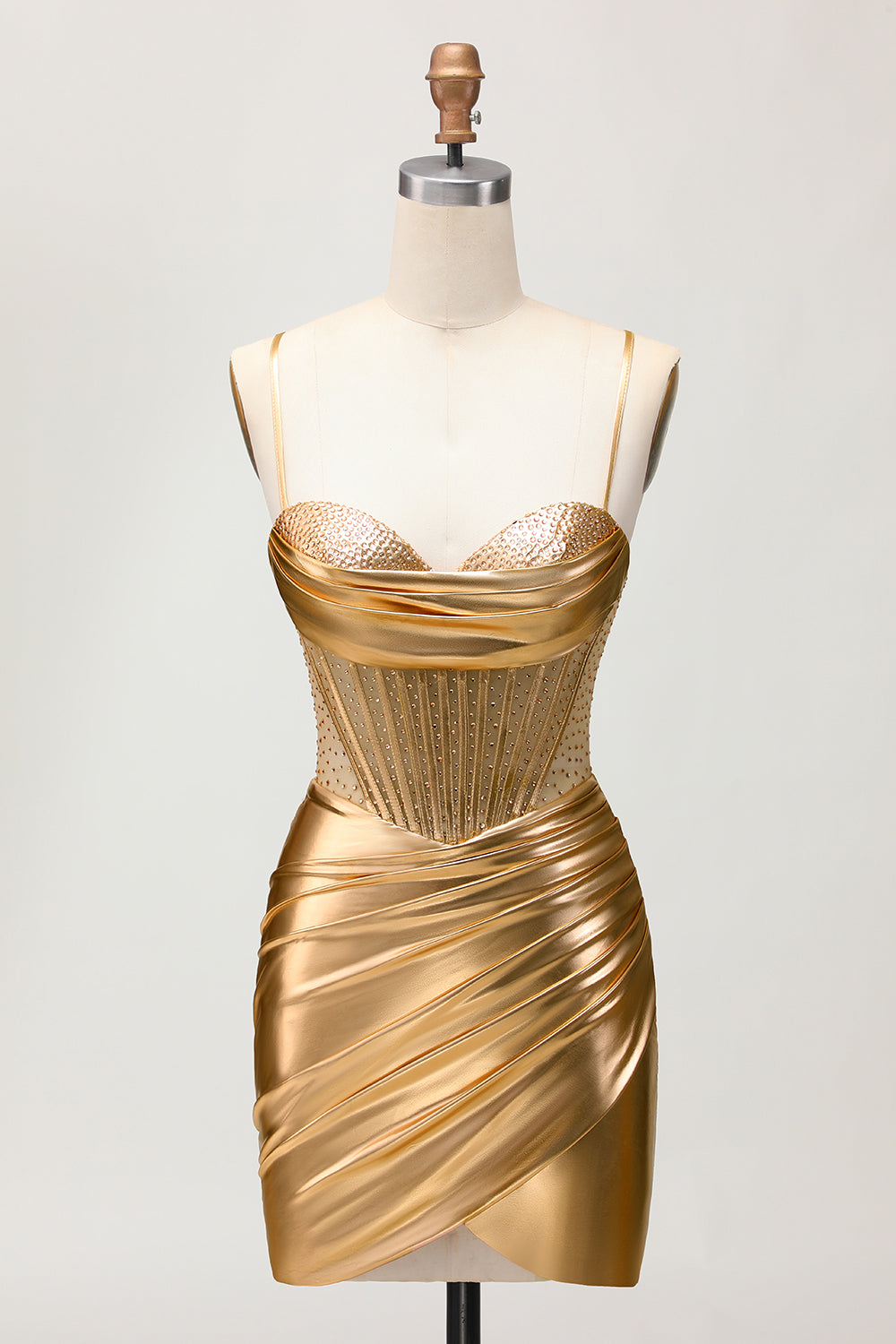Metallic Satin Ruched Golden Bodycon Korsett Homecoming Klänning med Beading