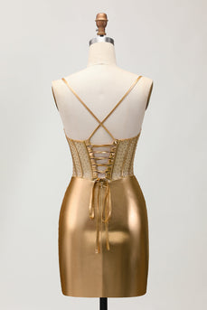 Metallic Satin Ruched Golden Bodycon Korsett Homecoming Klänning med Beading