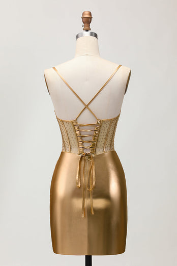 Metallic Satin Ruched Golden Bodycon Korsett Homecoming Klänning med Beading
