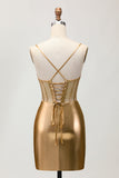 Metallic Satin Ruched Golden Bodycon Korsett Homecoming Klänning med Beading