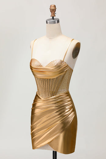 Metallic Satin Ruched Golden Bodycon Korsett Homecoming Klänning med Beading