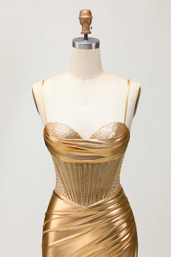 Metallic Satin Ruched Golden Bodycon Korsett Homecoming Klänning med Beading