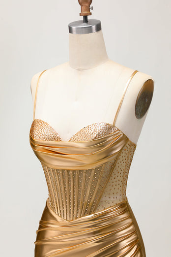 Metallic Satin Ruched Golden Bodycon Korsett Homecoming Klänning med Beading