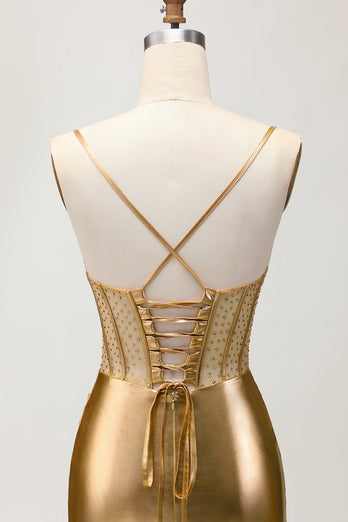 Metallic Satin Ruched Golden Bodycon Korsett Homecoming Klänning med Beading