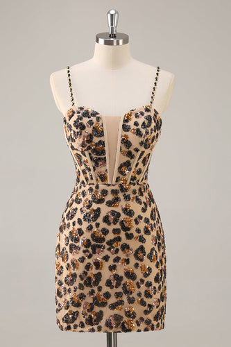 Kahki Leopard Korsett Bodycon Kort Homecoming Klänning med Paljetter