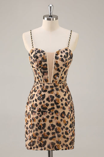 Kahki Leopard Korsett Bodycon Kort Homecoming Klänning med Paljetter