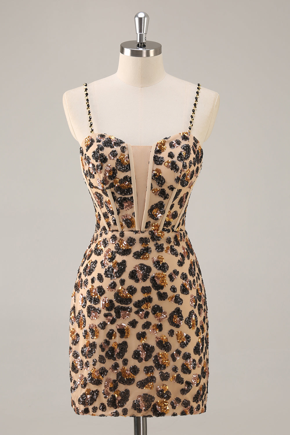 Kahki Leopard Korsett Bodycon Kort Homecoming Klänning med Paljetter