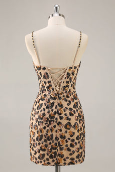 Kahki Leopard Korsett Bodycon Kort Homecoming Klänning med Paljetter