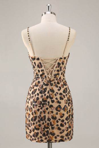 Kahki Leopard Korsett Bodycon Kort Homecoming Klänning med Paljetter