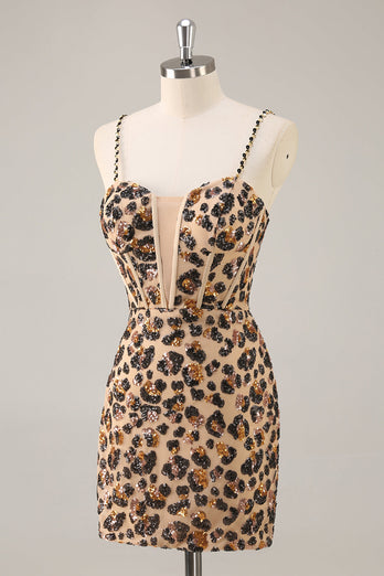 Kahki Leopard Korsett Bodycon Kort Homecoming Klänning med Paljetter