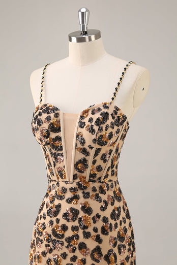 Kahki Leopard Korsett Bodycon Kort Homecoming Klänning med Paljetter