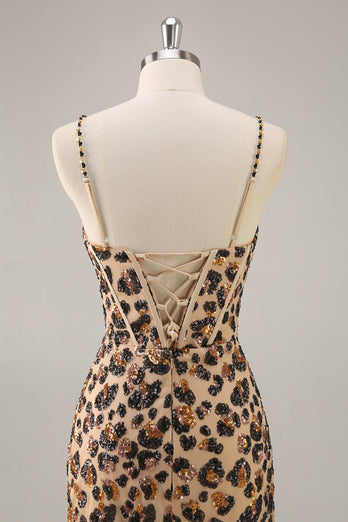Kahki Leopard Korsett Bodycon Kort Homecoming Klänning med Paljetter