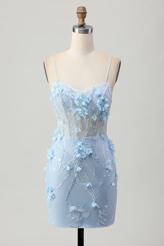 Blå Bodycon Korsett Paljetter Kort Homecoming Klänning Med 3D Blommor