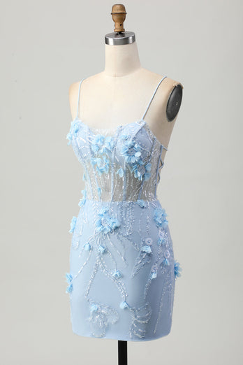 Blå Bodycon Korsett Paljetter Kort Homecoming Klänning Med 3D Blommor