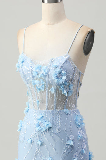 Blå Bodycon Korsett Paljetter Kort Homecoming Klänning Med 3D Blommor