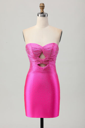 Fuchsia Axelbandslös Utskuren Pärlstav Bodycon Kort Balklänning